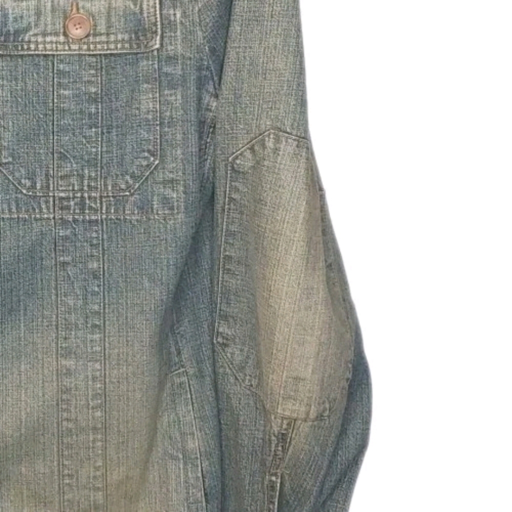 Express Military Jean Jacket Woman Large Blue Denim Button Elbow Patches Utility - Picture 7 of 12